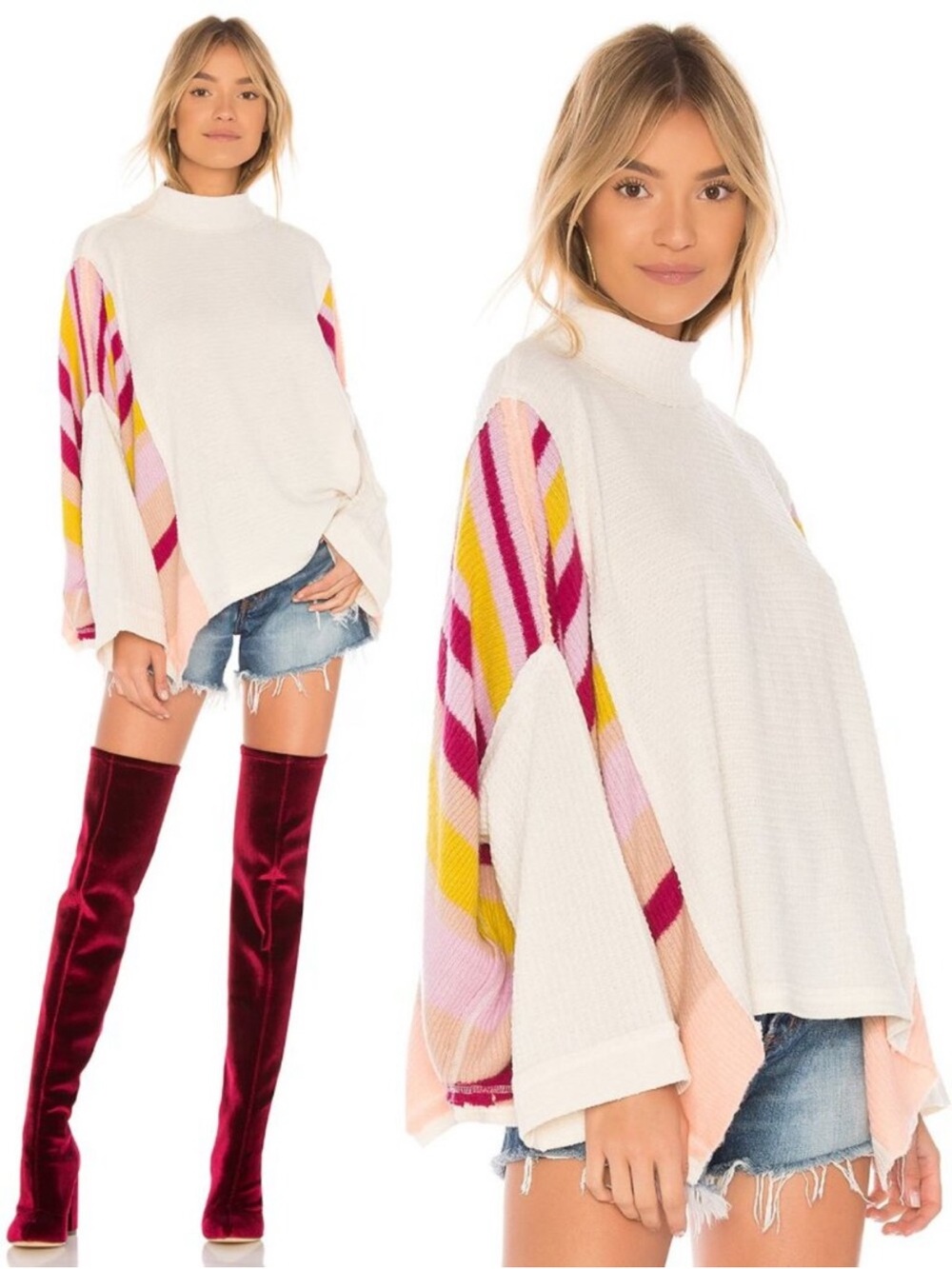 Free People Susie Swit Oversized Pullover Sweater M Mockneck Colorful Striped